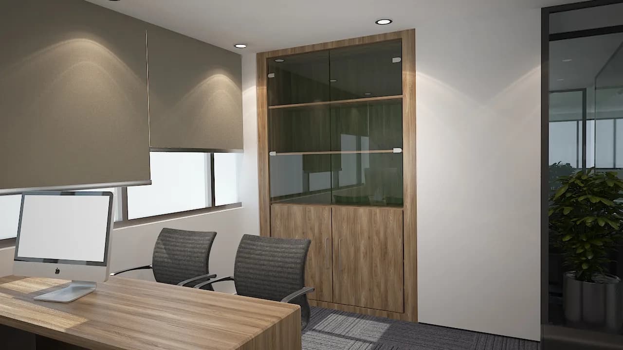 A meeting room beside a timber-framed glazed door in a plaster wall