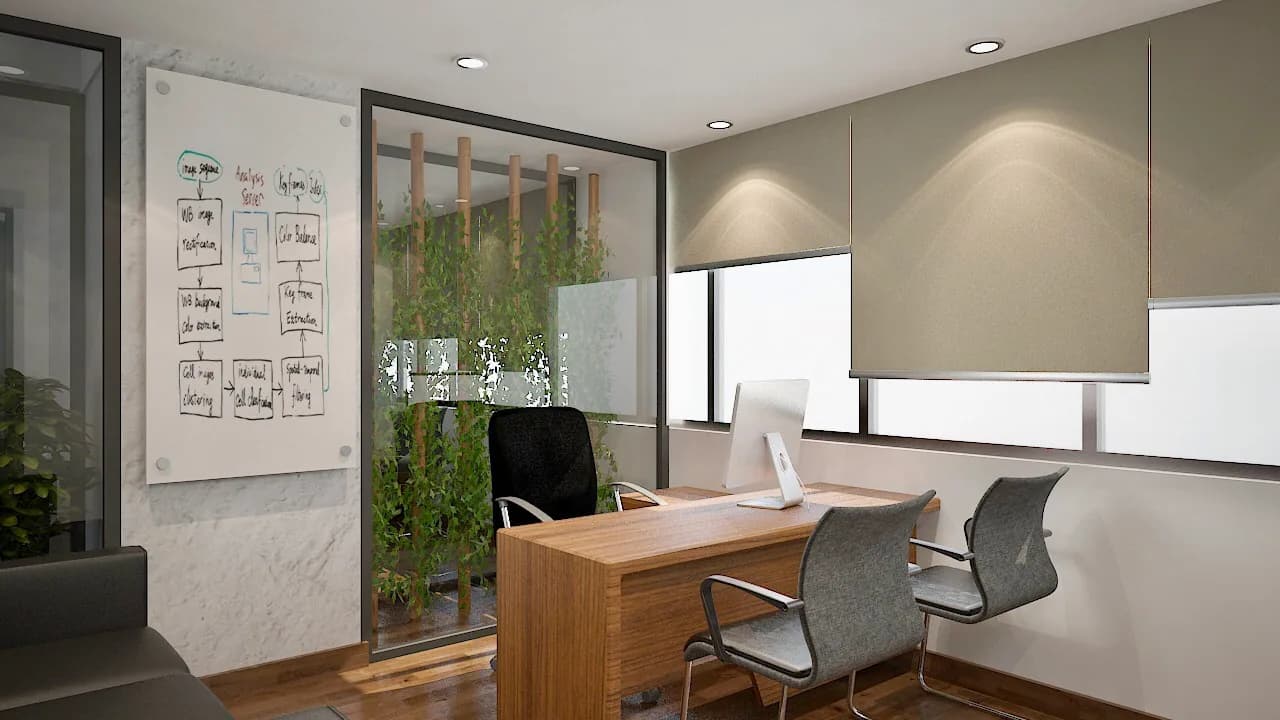 An office desk behind a glass screen planted with tall greenery
