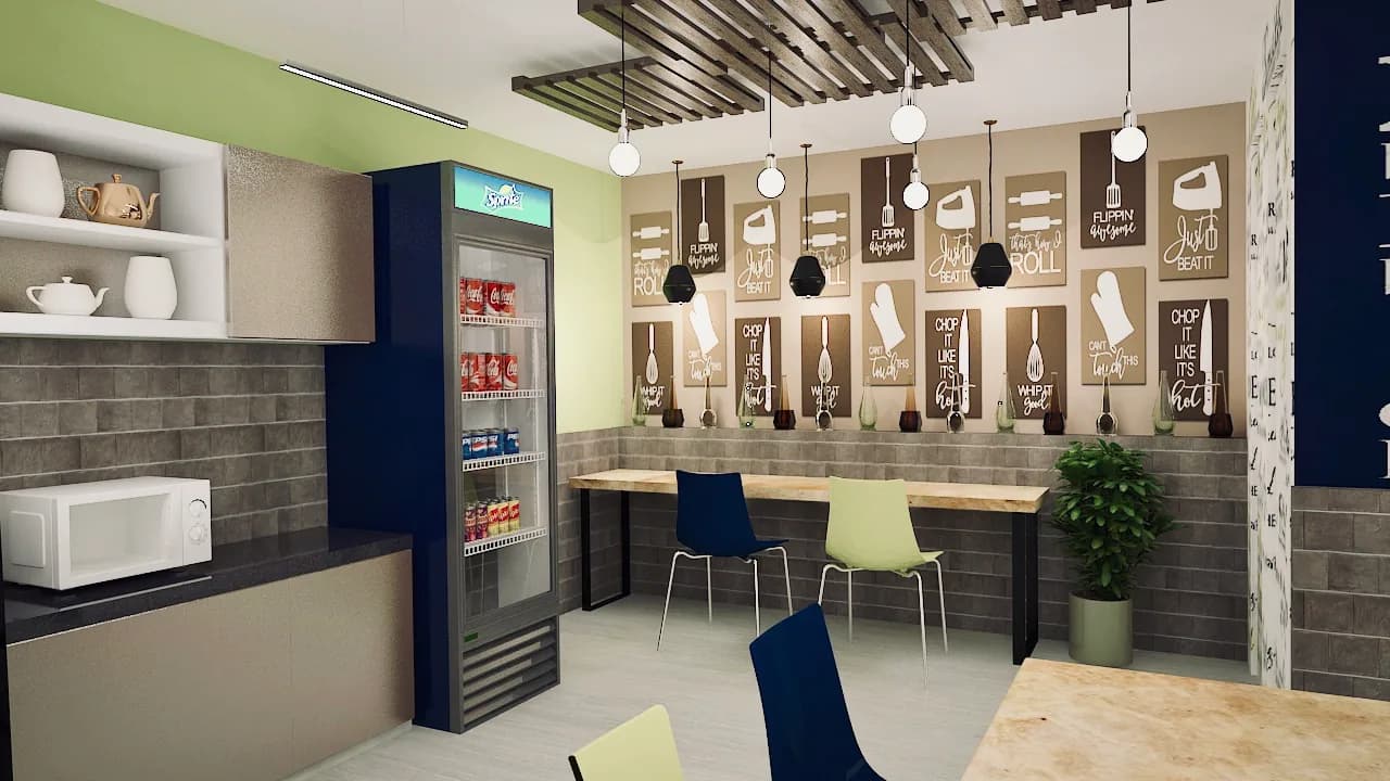 A pantry with high stools along a counter and framed prints above