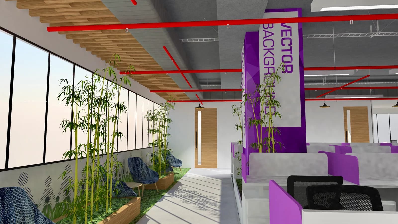 A breakout area beside a planted window run, under exposed red services