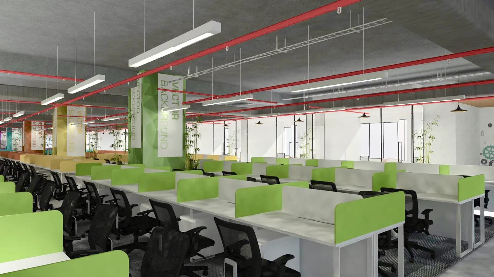 An open floor of green-screened workstations under exposed services
