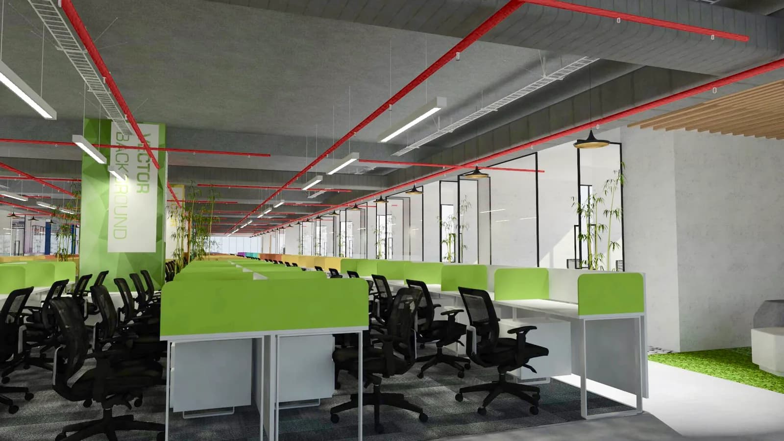 A long run of workstations reaching toward the window wall