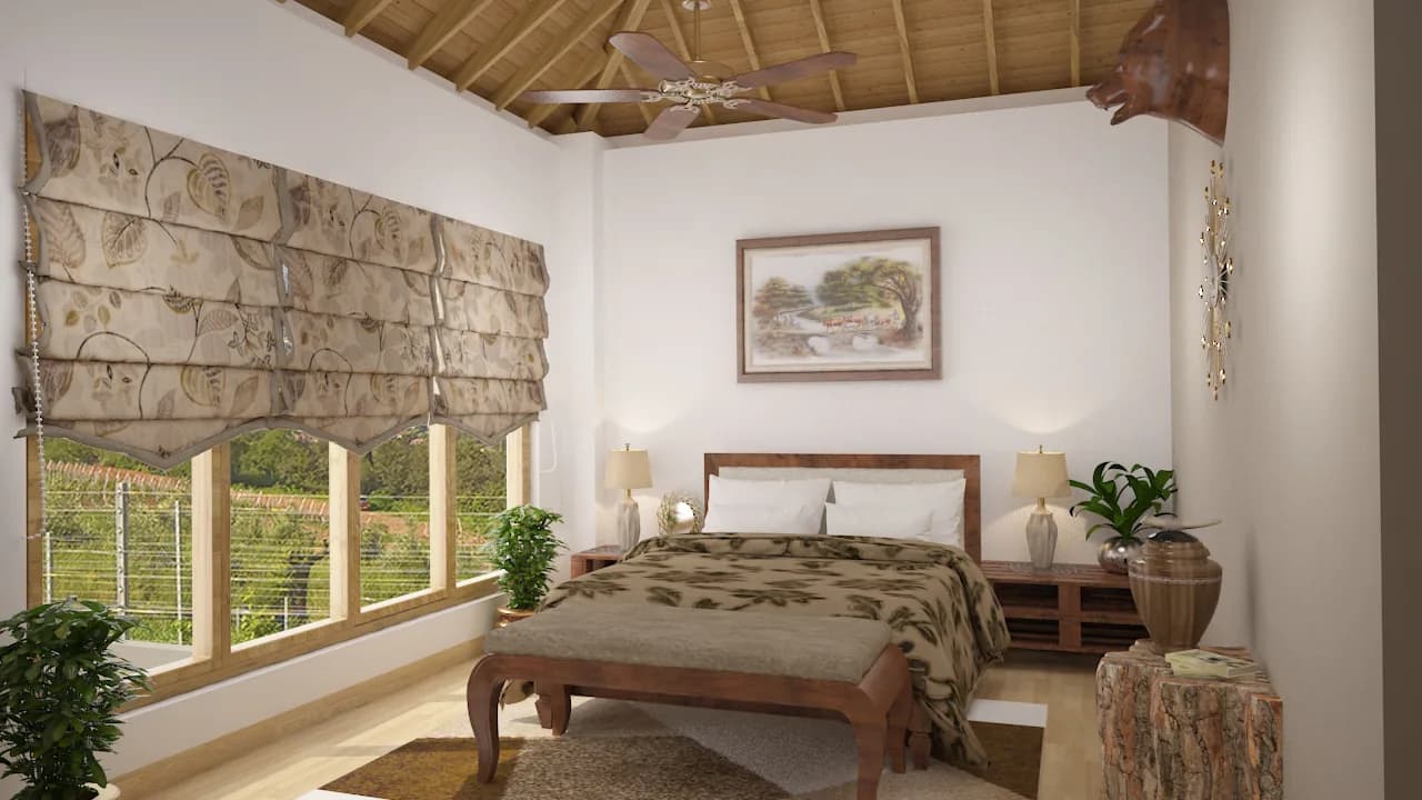 A bedroom under a pitched timber ceiling, cane blinds drawn across the window