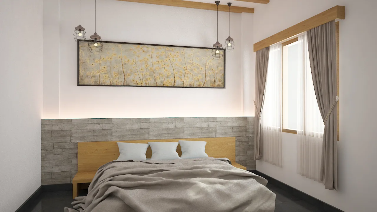 A bedroom with a banded stone and timber head wall below a long framed artwork