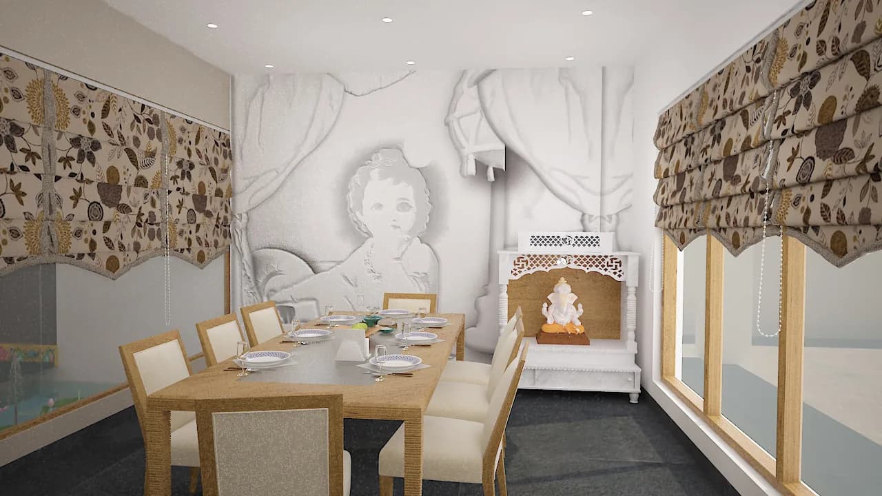 A dining table set beside a carved white prayer alcove