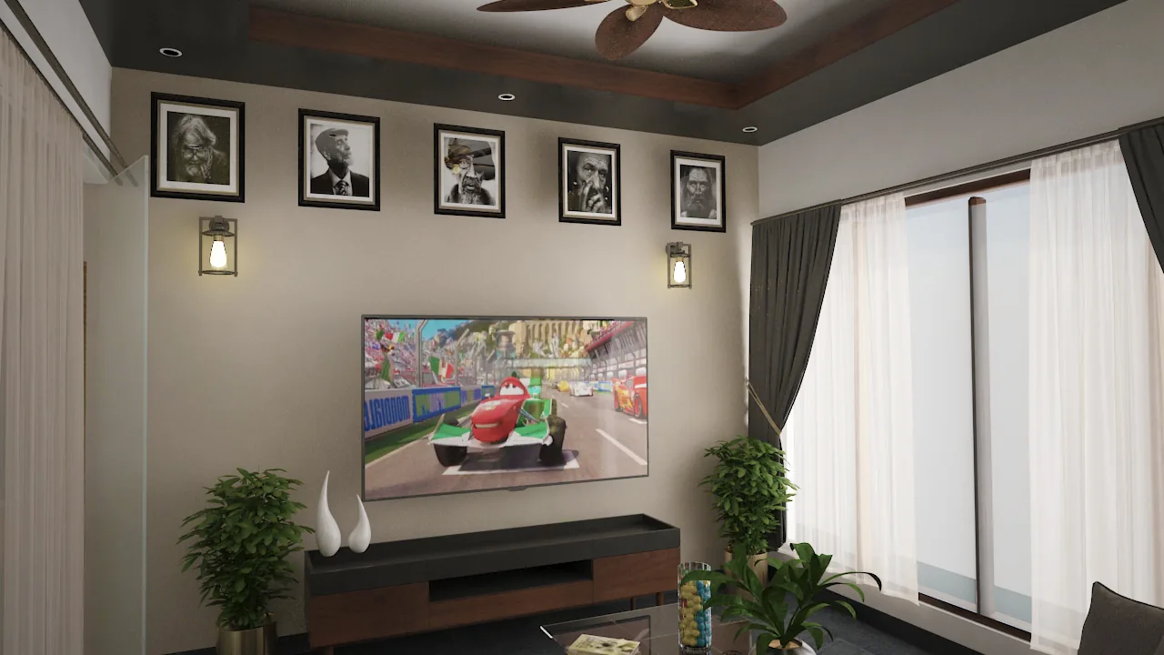 A living room with a media wall hung with framed monochrome photographs