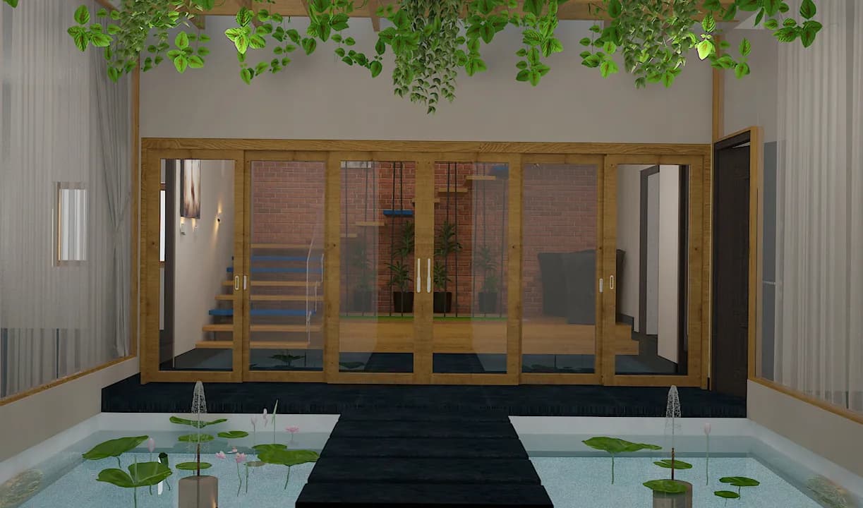 A timber walkway over a lily pond leading to timber-framed glazed doors