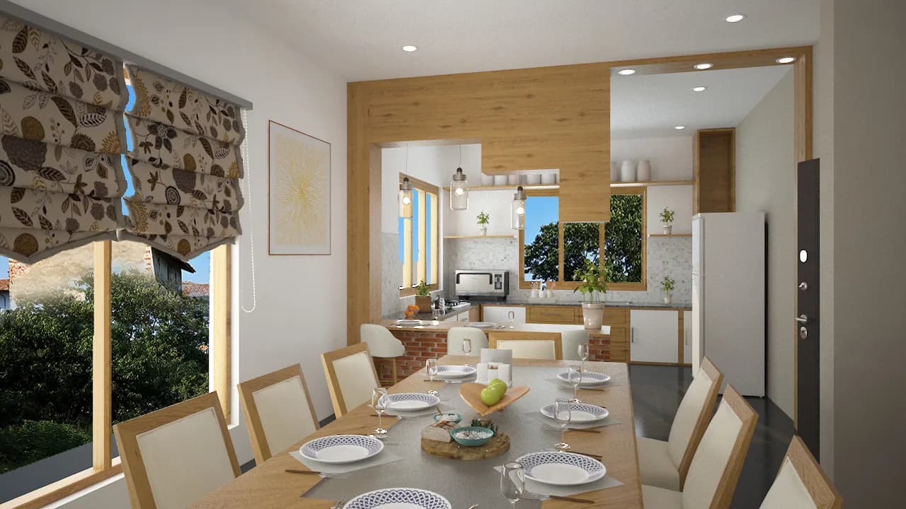 A dining room with a long laid table beside a stone-clad wall and timber panelling