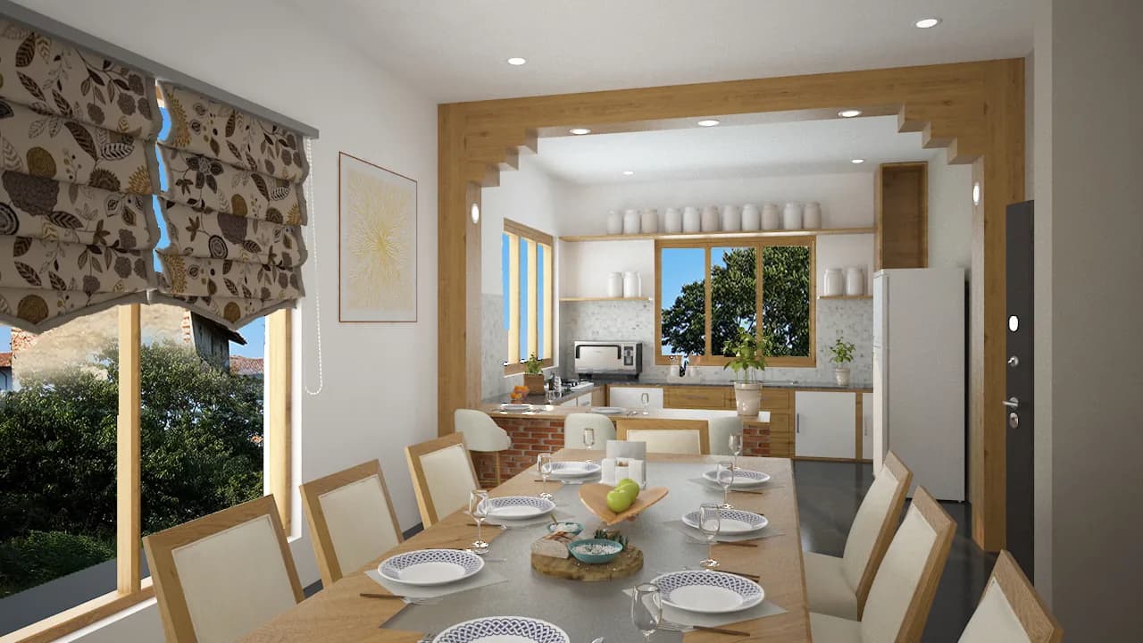 A dining room with a long laid table, looking through an arch to the kitchen
