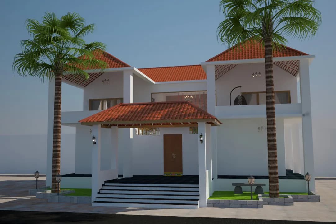 A two-storey house elevation with a tiled entrance porch framed by palms