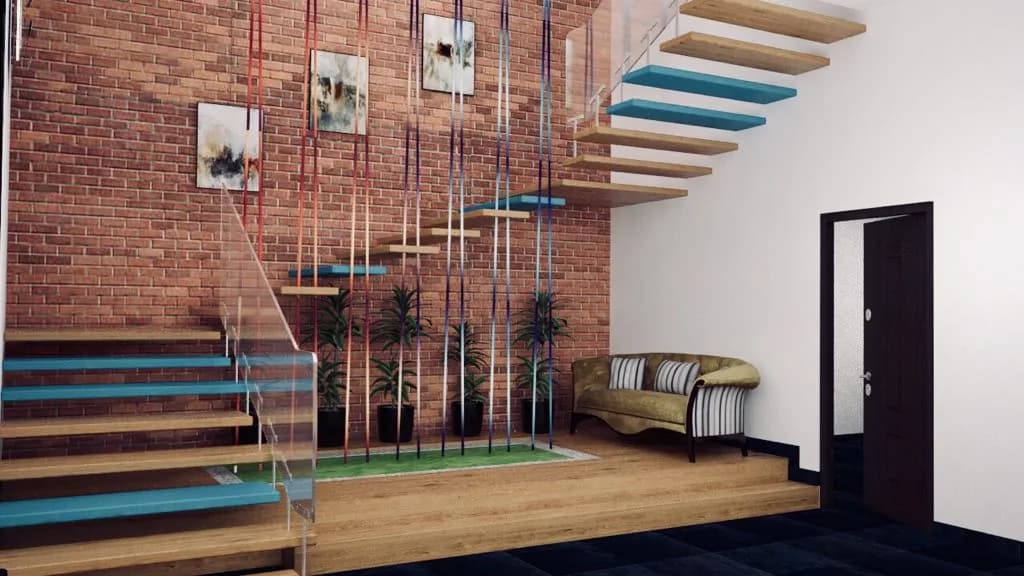 A stair hall with exposed brick, planting and a floating timber stair