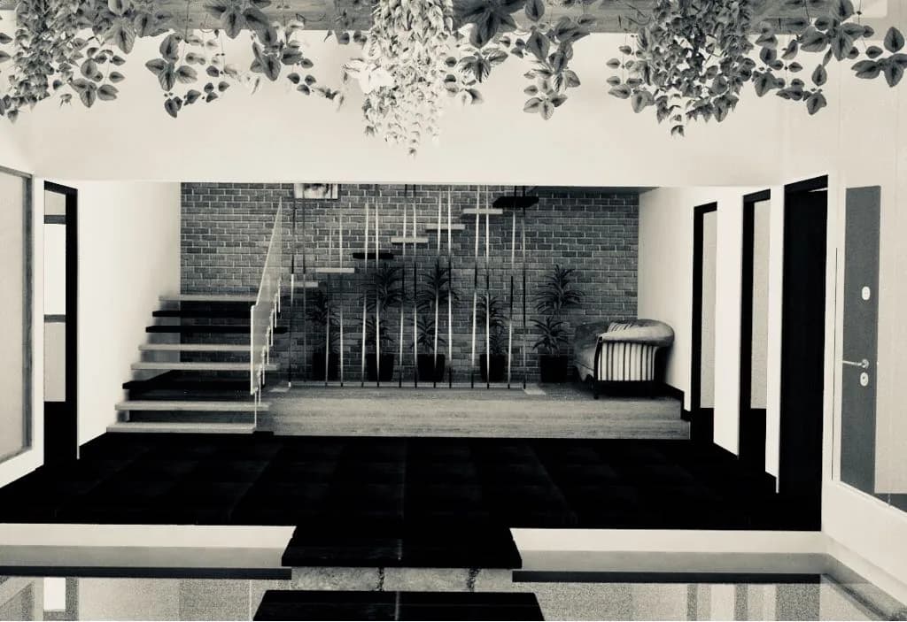 A monochrome entrance hall with a painted vine ceiling above a dark stair