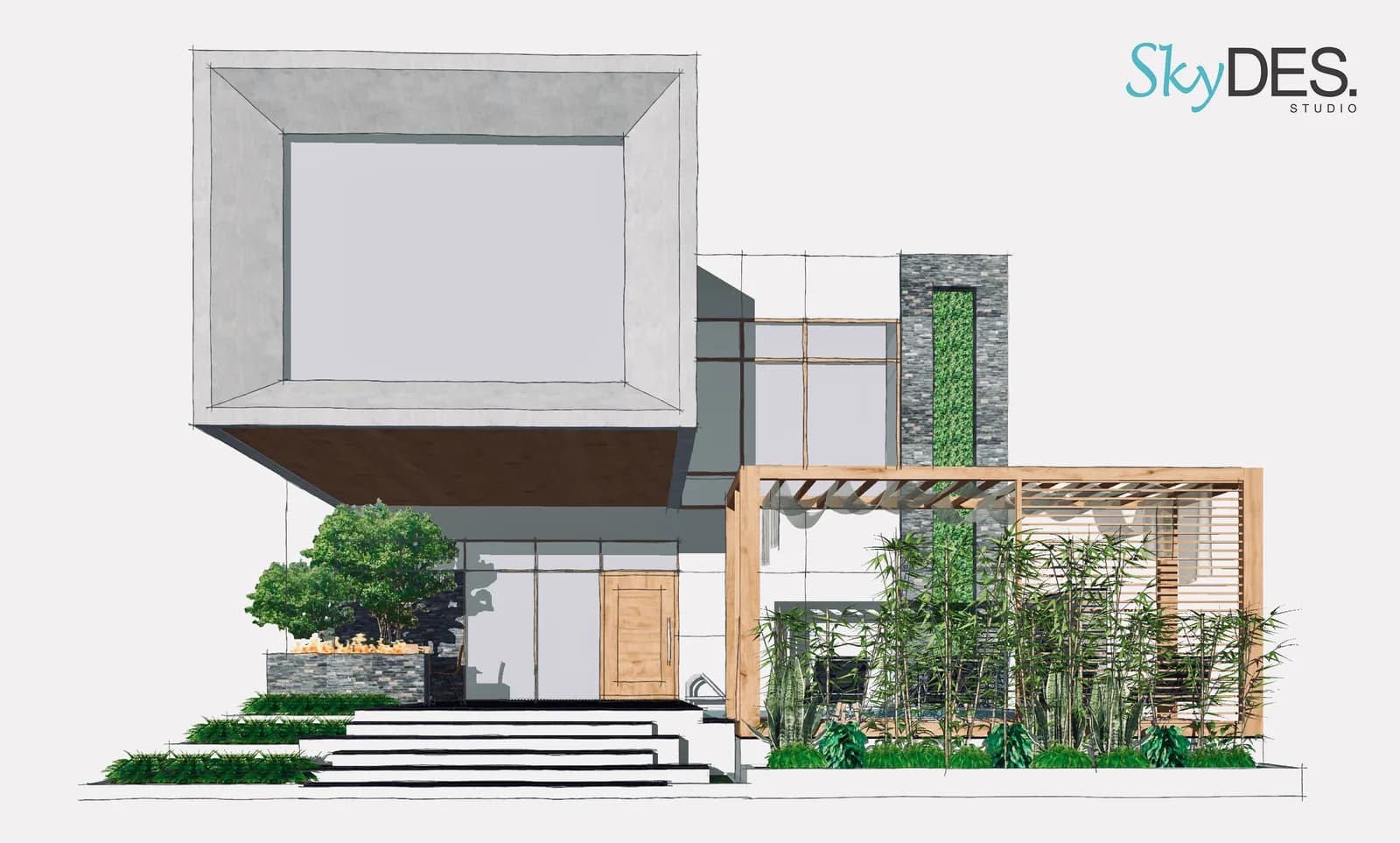 An elevation study showing the entrance steps below a cantilevered box