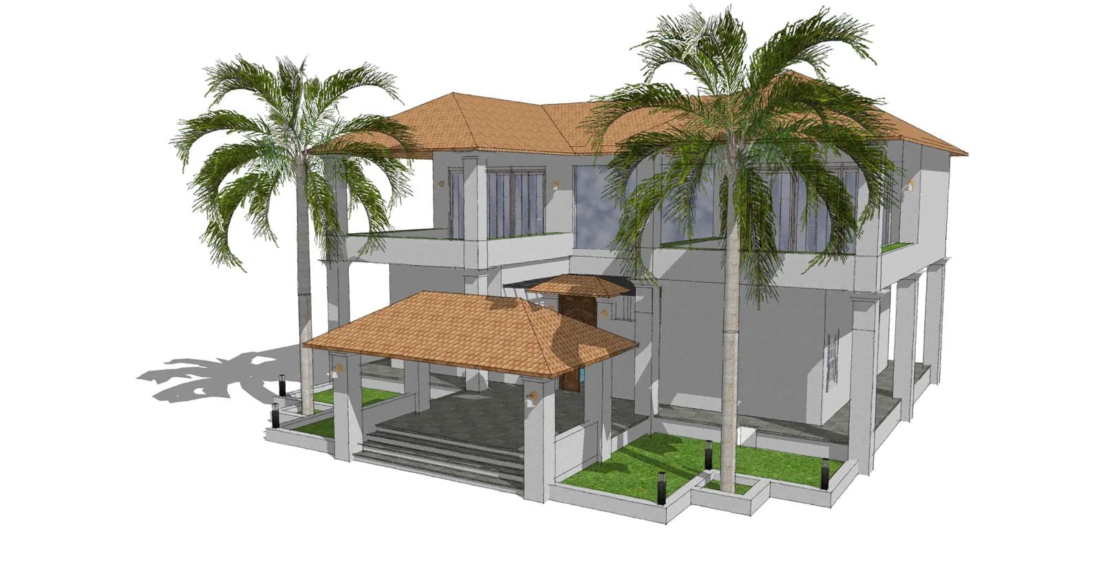 A massing view of the house with tiled roofs, seen among palms