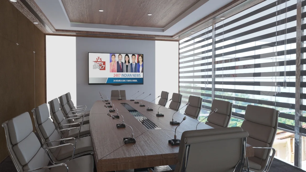 A boardroom with a long timber table below a slatted ceiling, blinds drawn across the glazing