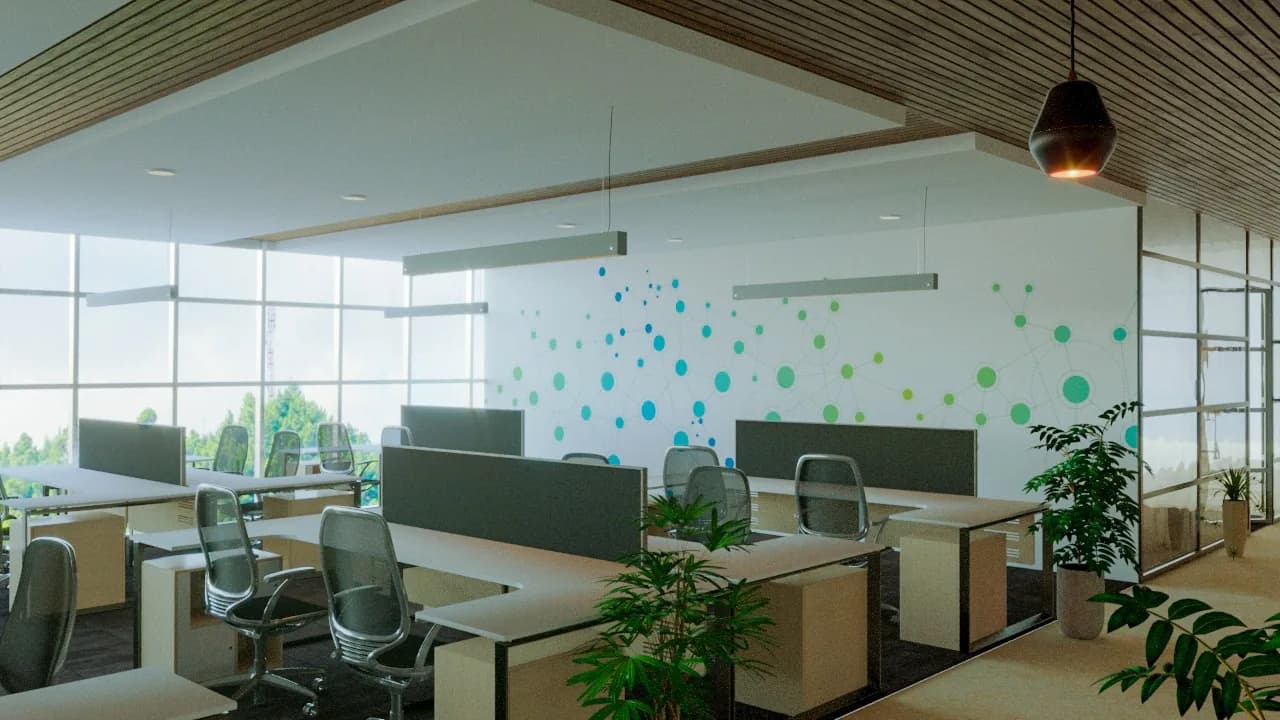 Open-plan office desks with planting, beside a wall scattered with cyan dots