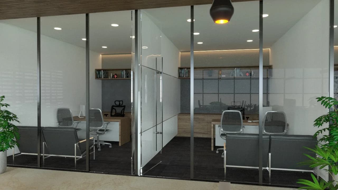 Glass-walled office cabins along a polished corridor under dark dome pendants