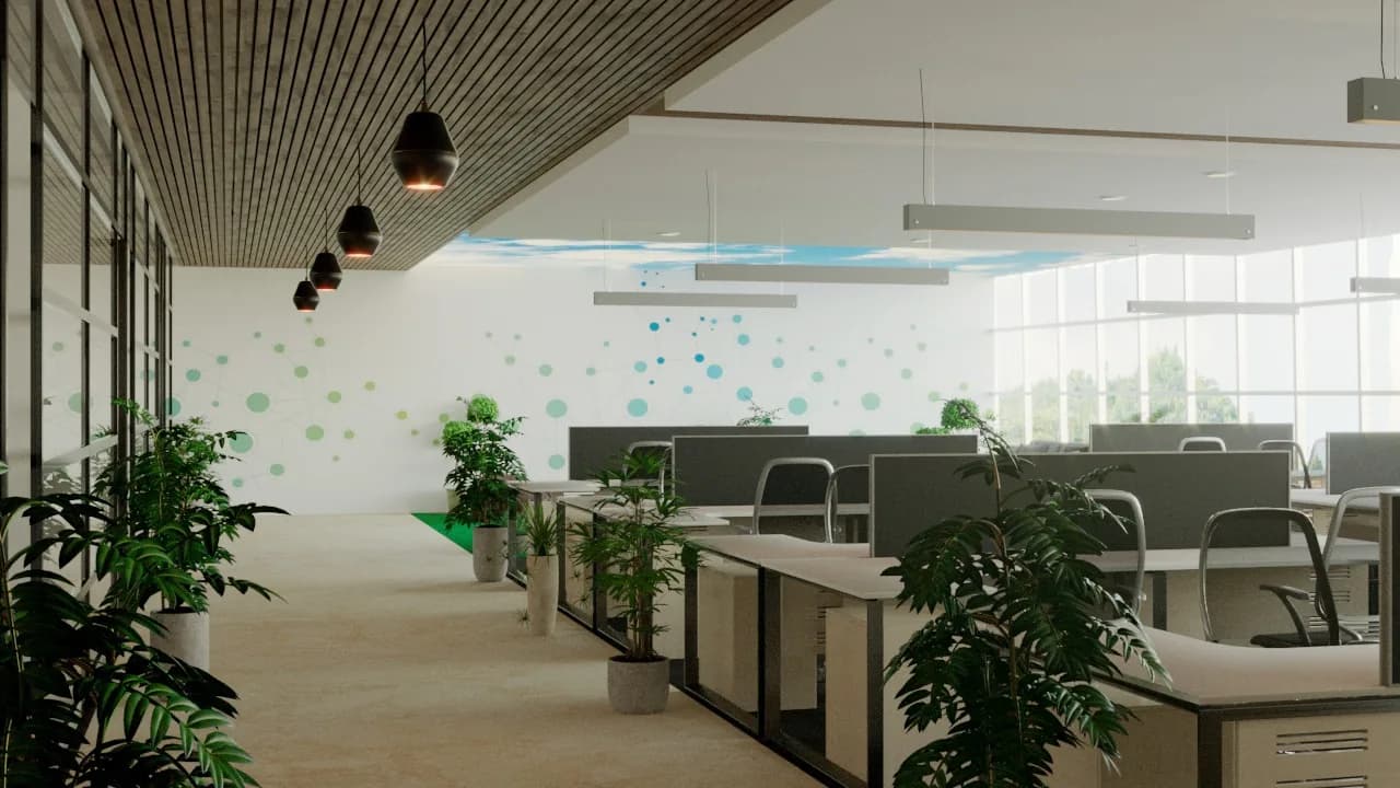 Rows of workstation bays with planting between them, running towards a glazed end wall