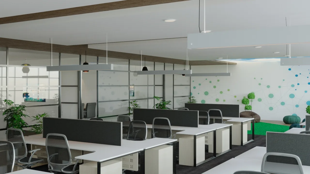 Workstations set against a wall carrying a scattered dot graphic