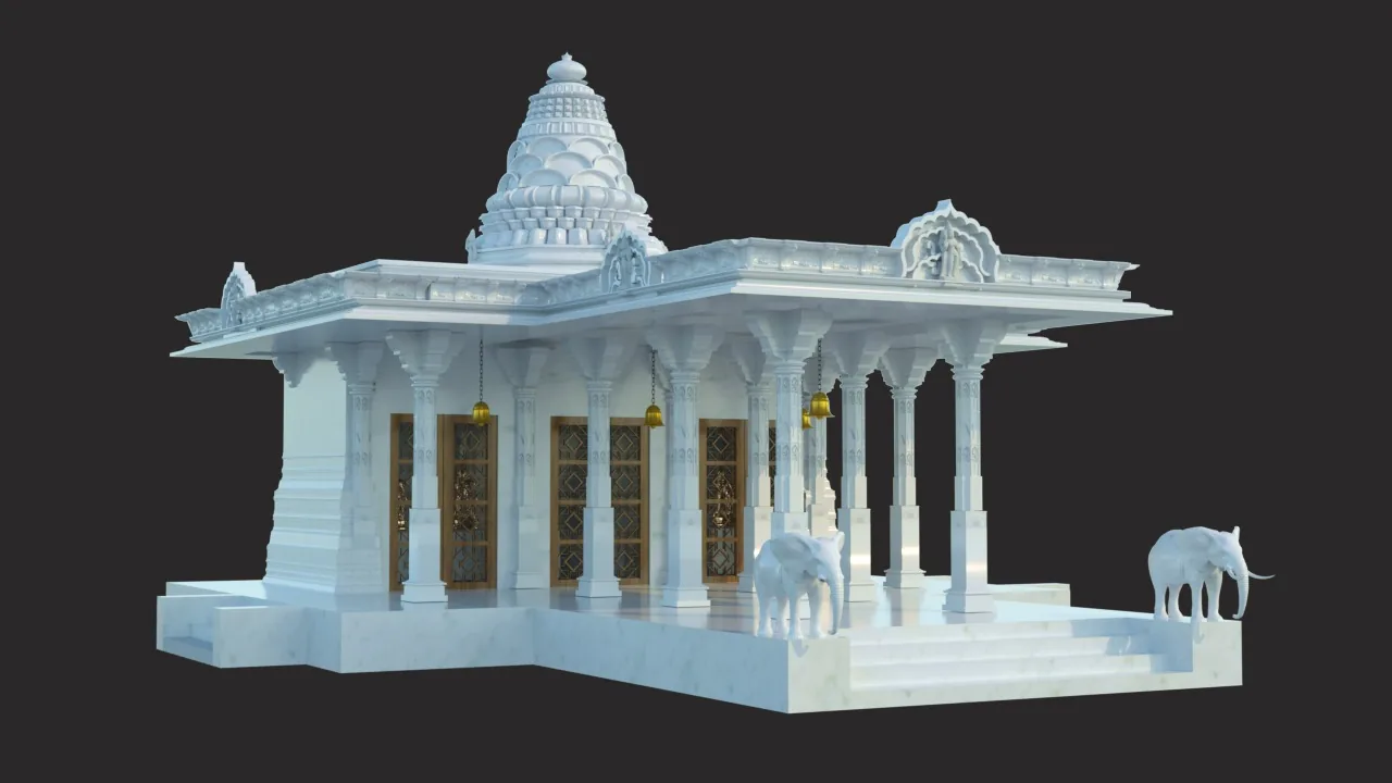 A white model of a carved temple pavilion on a dark ground