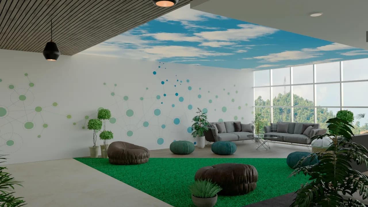 A breakout space with a painted sky ceiling above an artificial grass floor