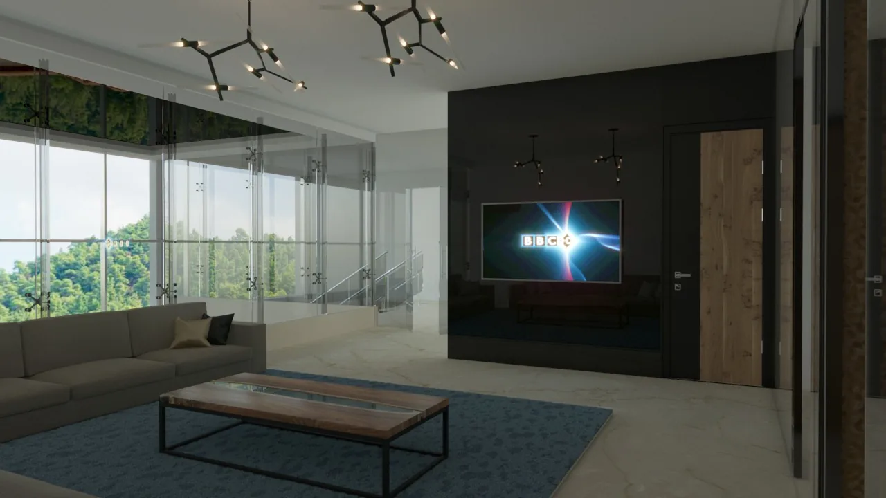 A lounge with a dark screen wall, a low table and a long sofa