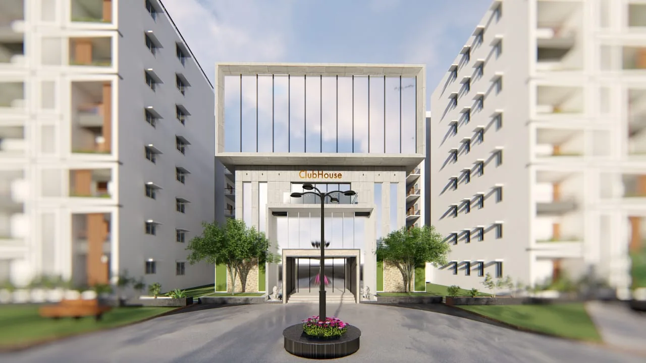 A glazed clubhouse entrance closing the end of the courtyard