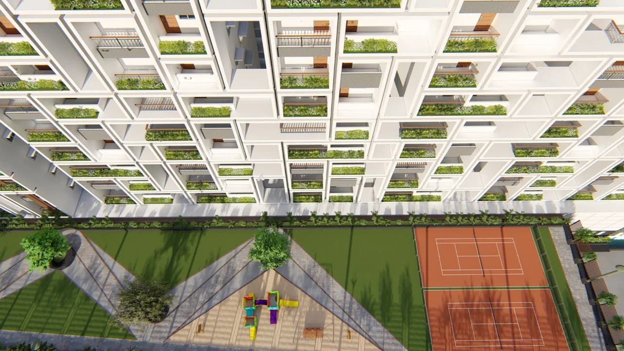 An aerial render of the balcony grid above tennis and play courts