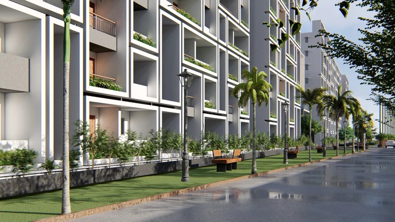 A deep white structural grid with planting spilling from every level, seen along the street