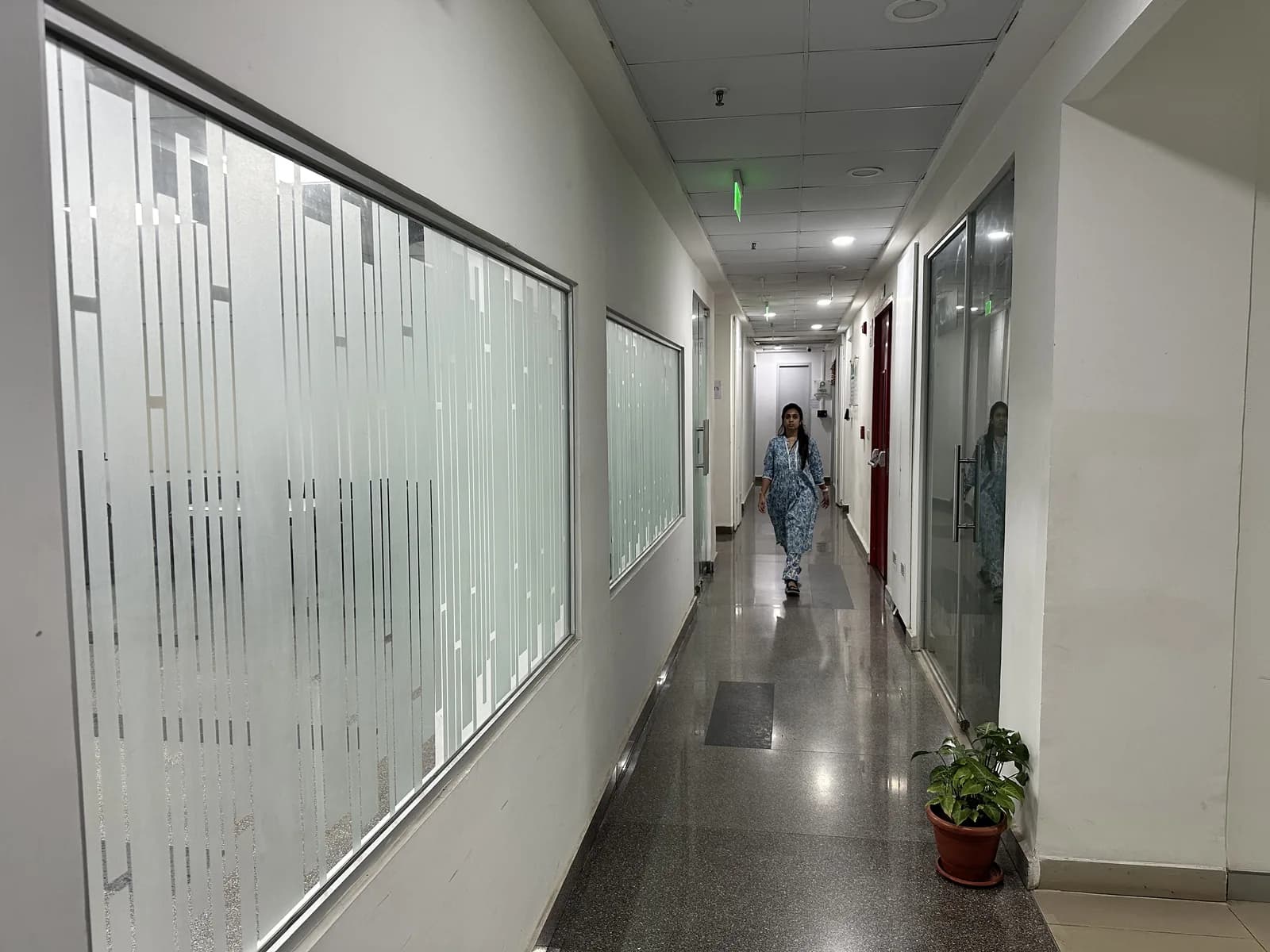 A corridor beside a run of fritted glass partitions