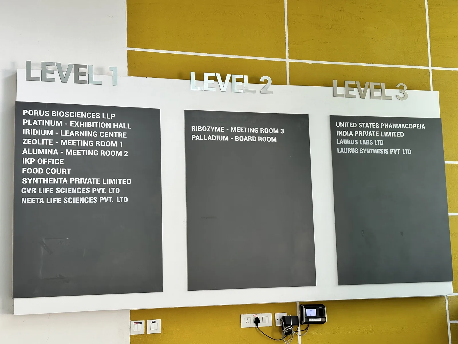 Directory boards listing the building's tenants by level