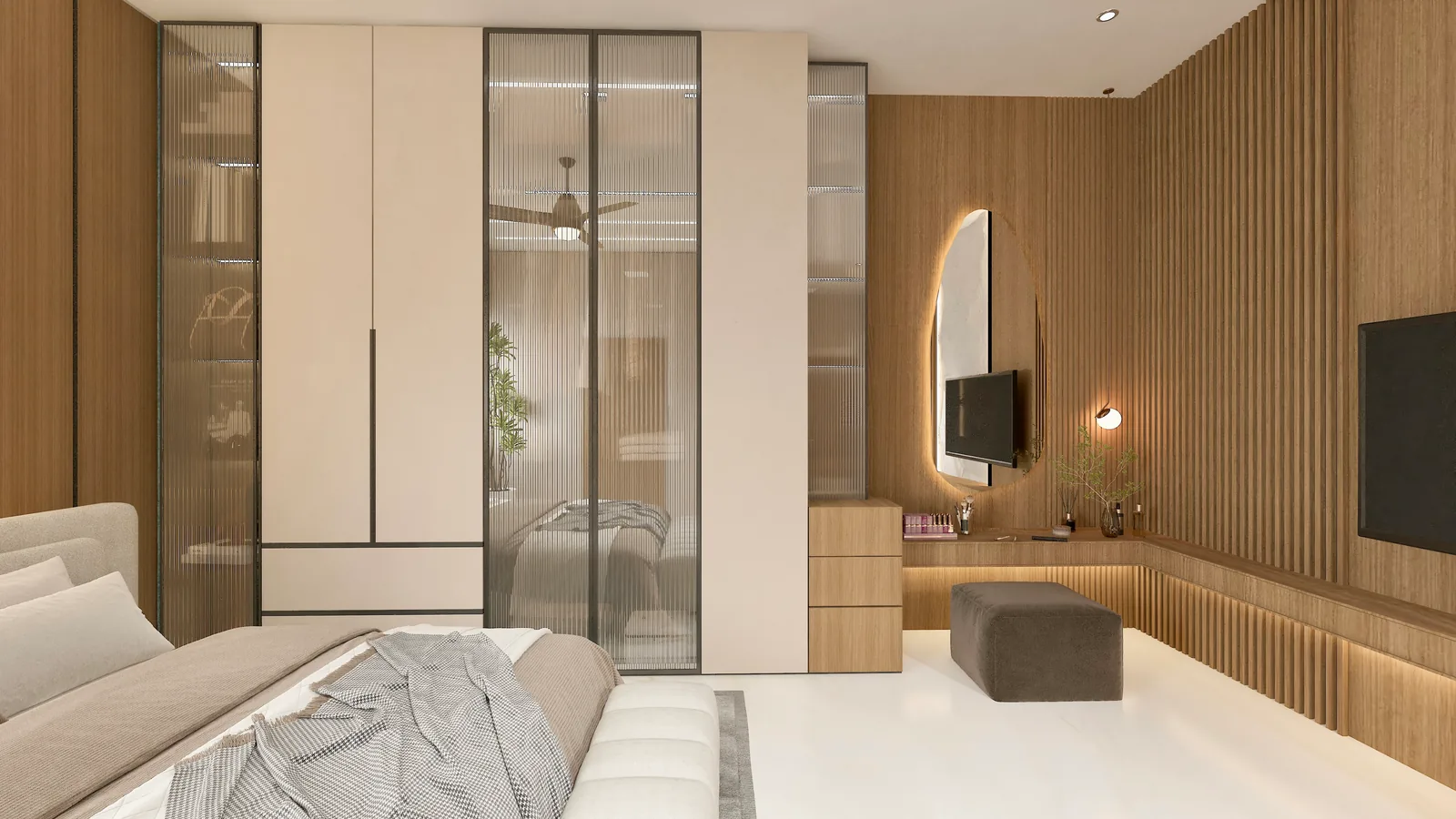Fluted oak joinery beside reeded glass doors, lit softly from within