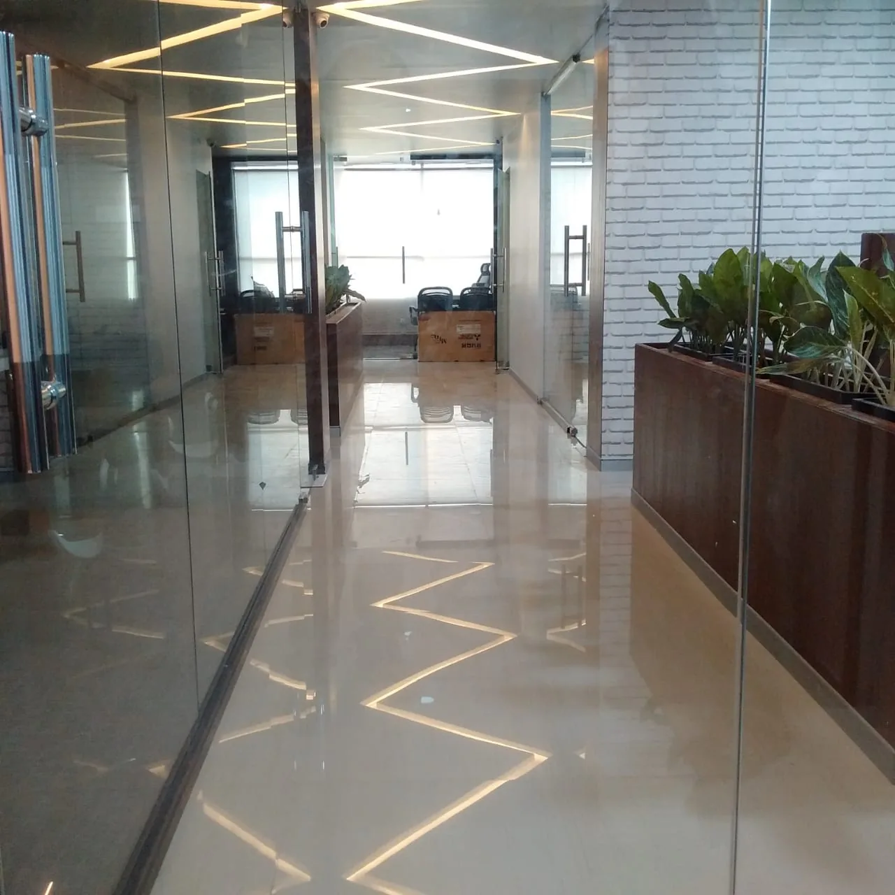 A glazed office corridor lit from above, planting running along its edge