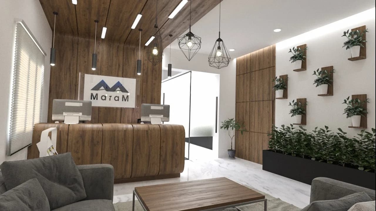 A reception scheme with cluster pendants, timber panelling and a green wall