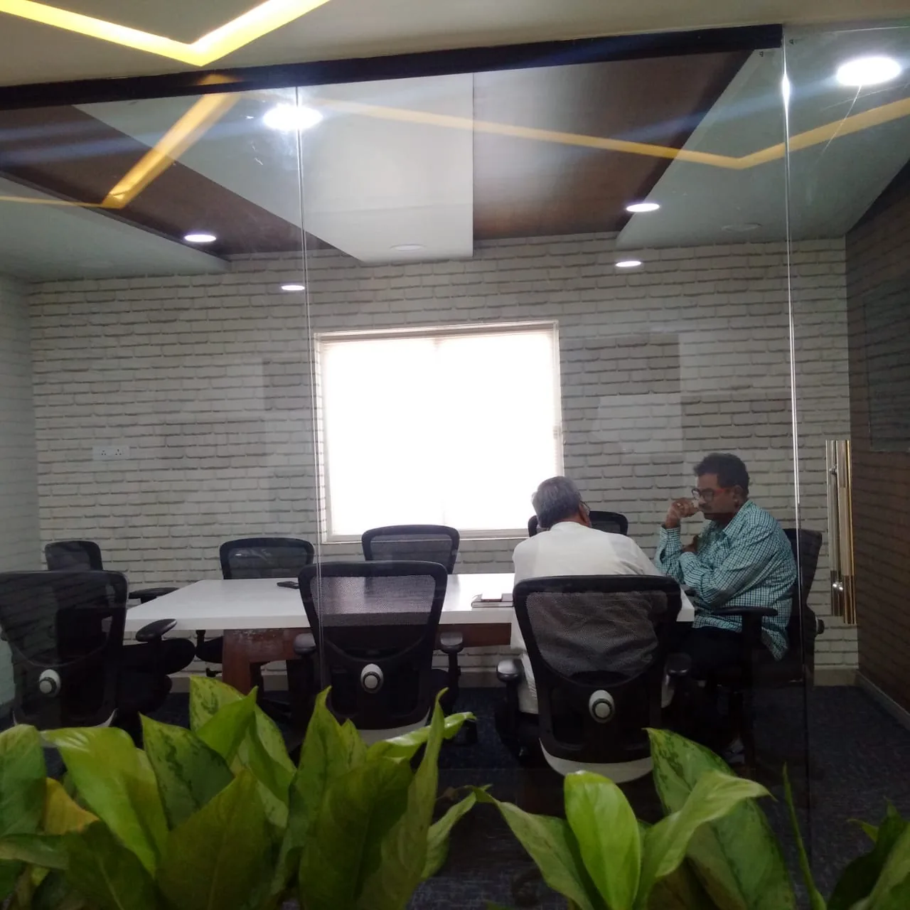 A meeting room seen past planting and a glazed screen