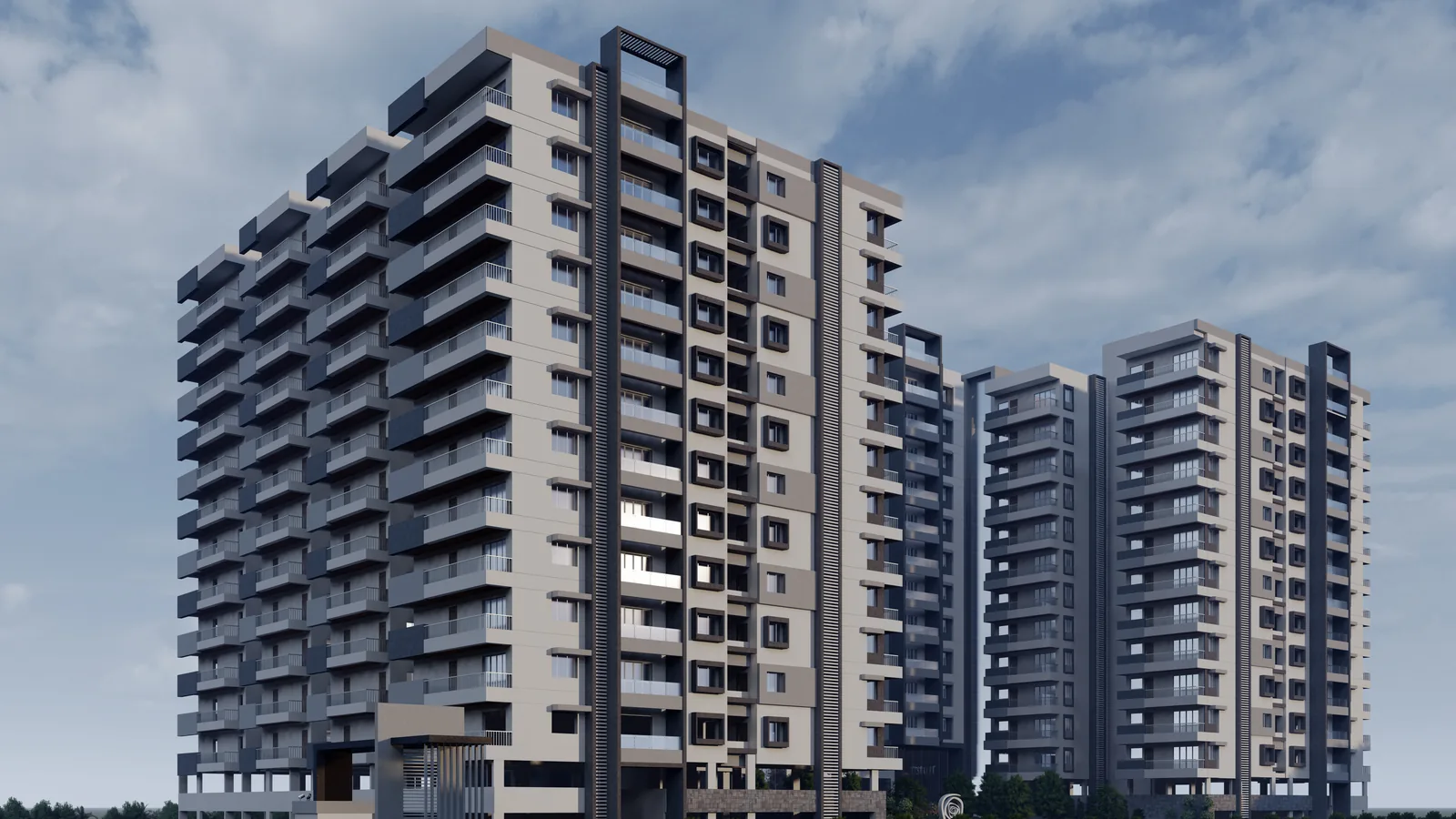Residential towers stepping back from one another against an overcast sky