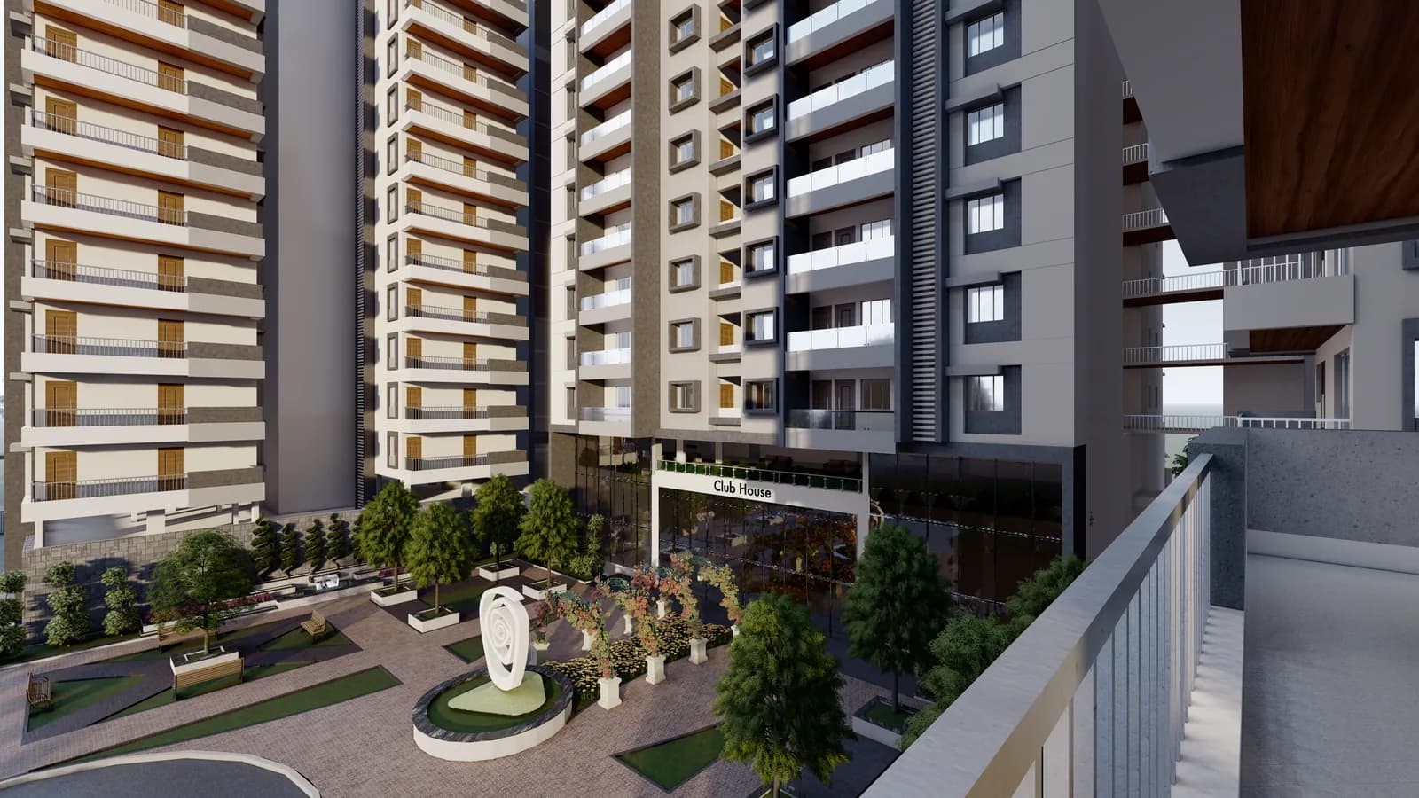 A render of the landscaped entrance court between the towers