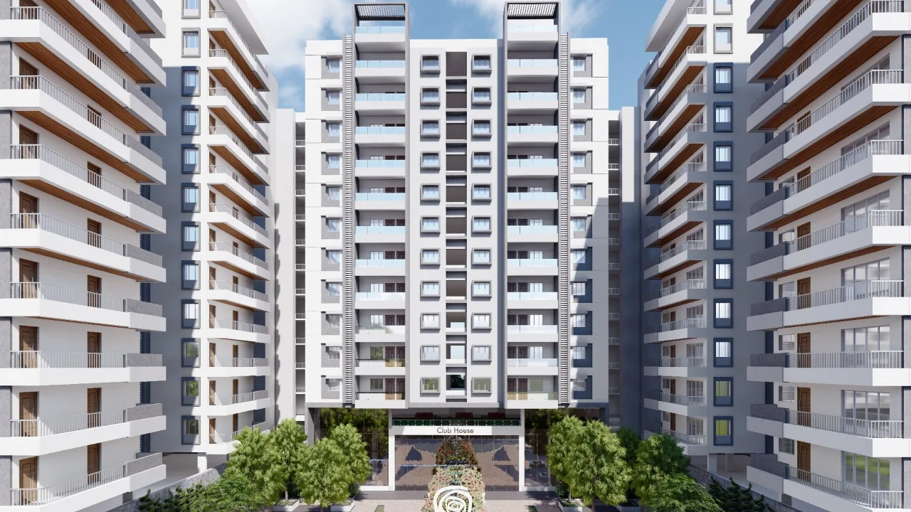A render of the facade rising above the entrance canopy