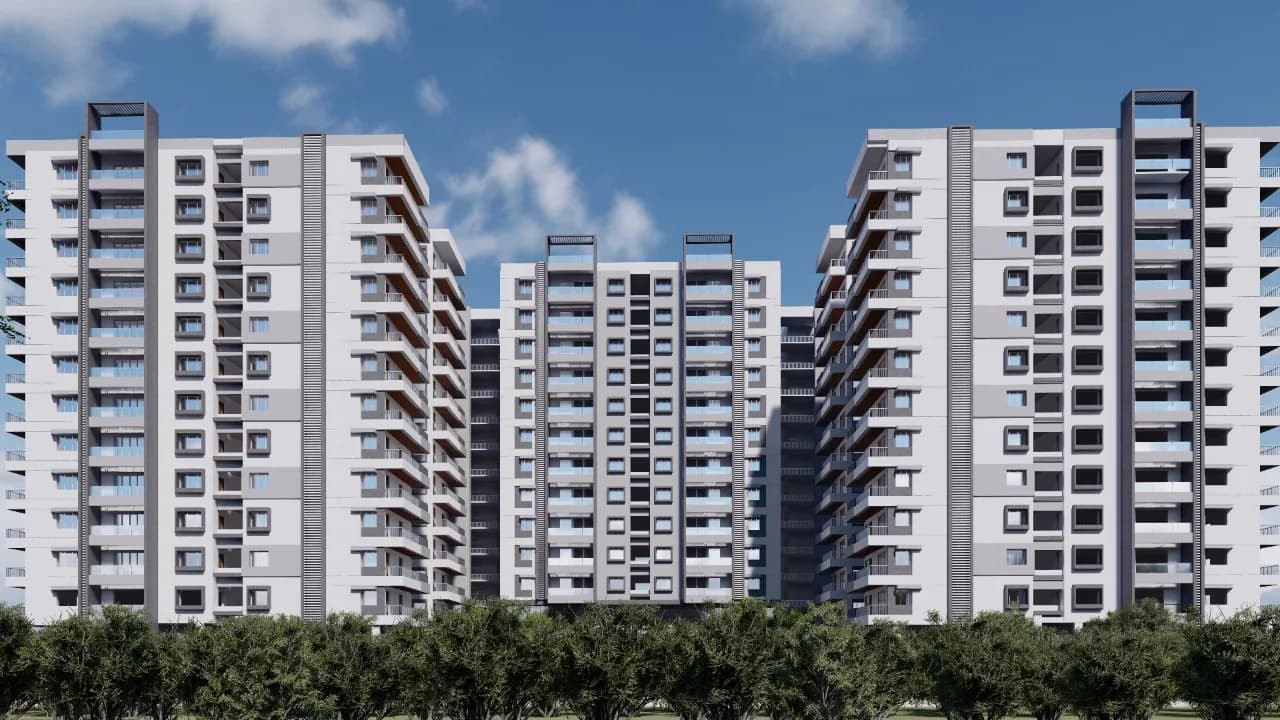 A render of the towers seen across a tree line