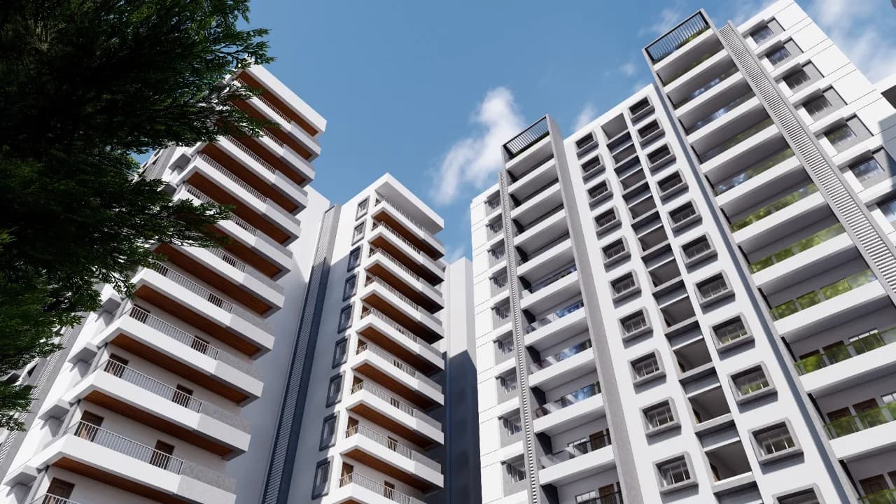 A render of the balcony stacks rising against the sky