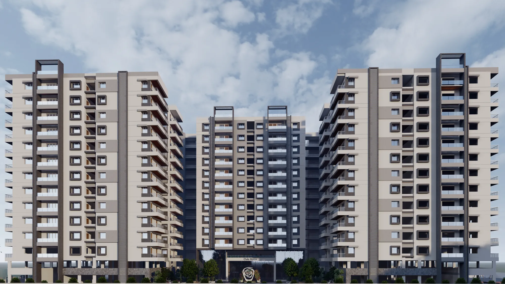 Two residential towers seen head-on from the entrance court, balconies stacked up both faces