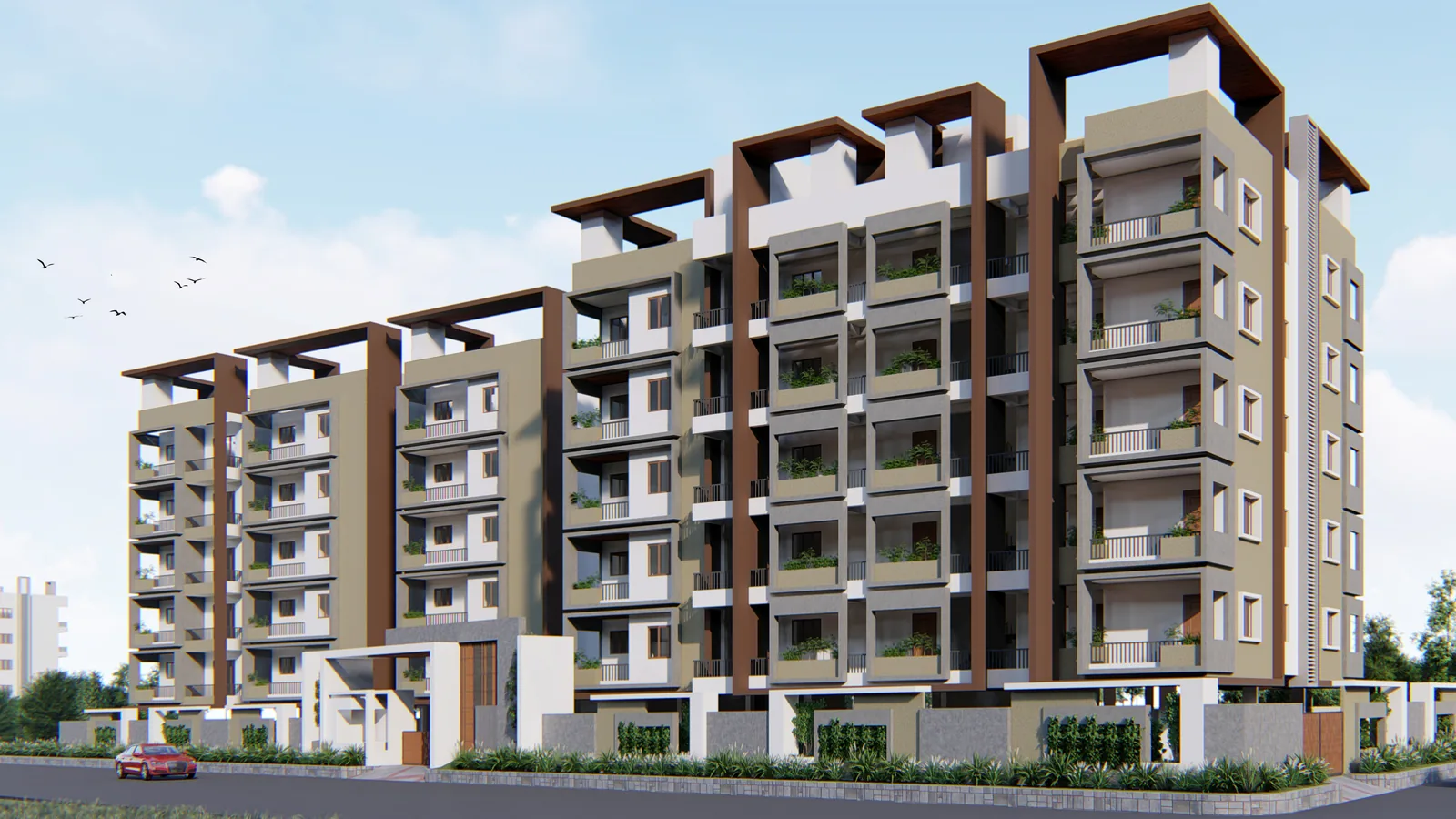A long residential block seen down the street, planting on the balconies