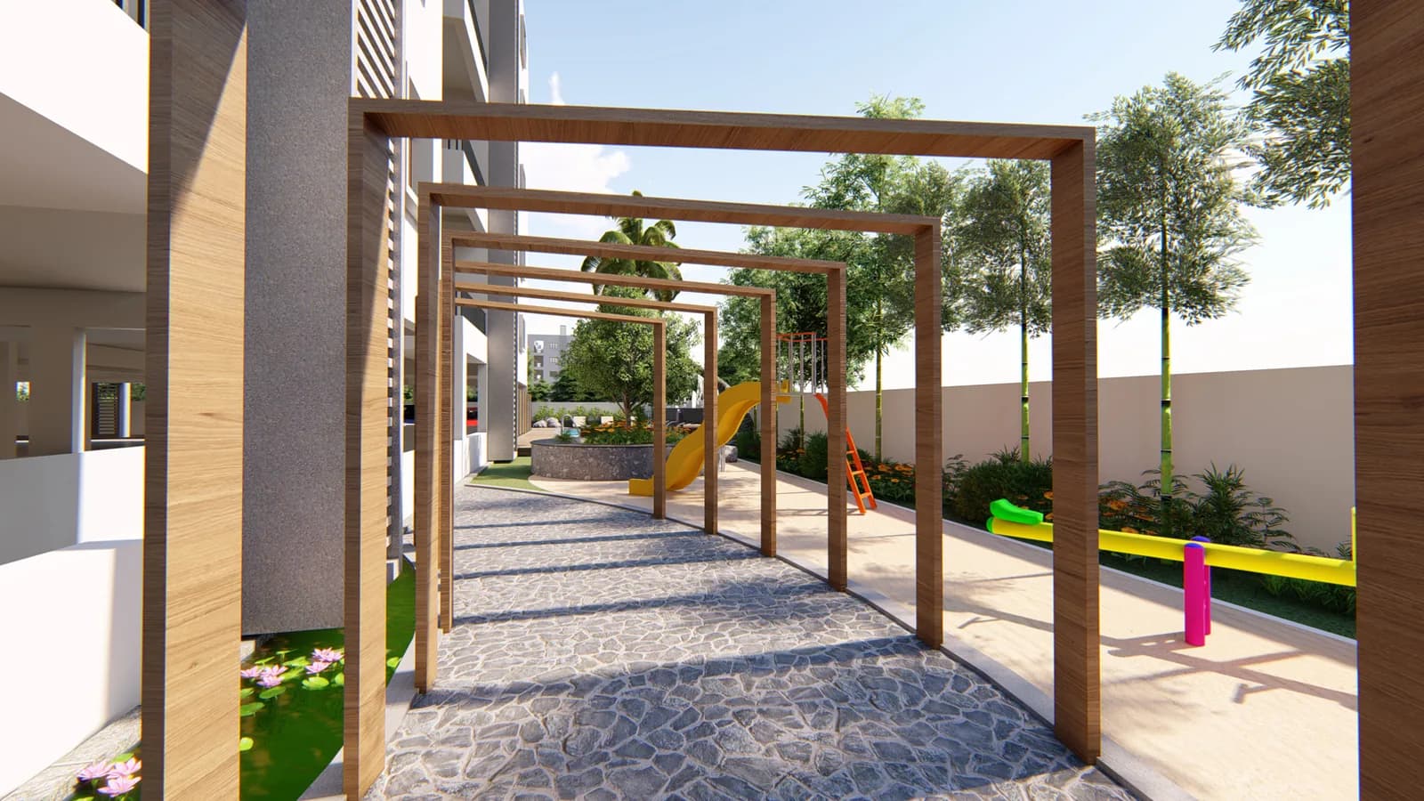 A timber pergola walk running along the block towards a childrens play area