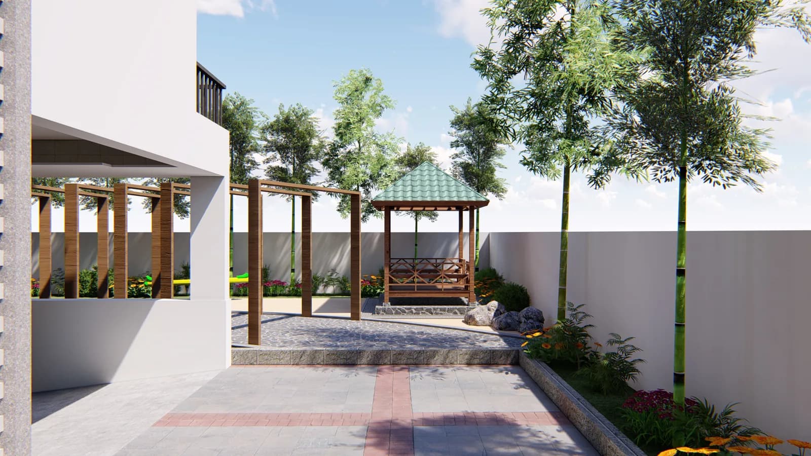 A timber pergola and gazebo set in the planted side garden