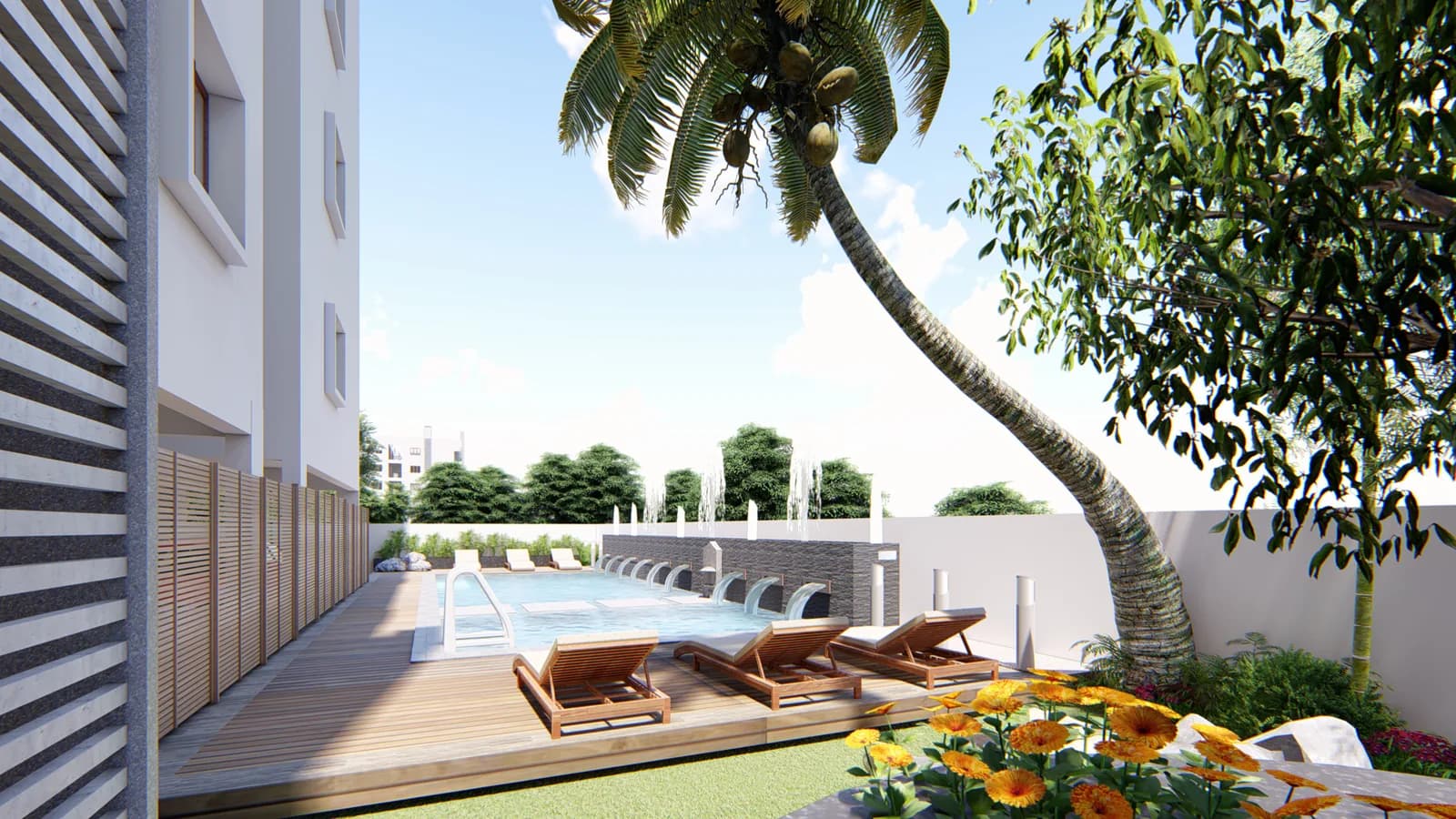 A render of the pool deck with loungers beneath a leaning palm