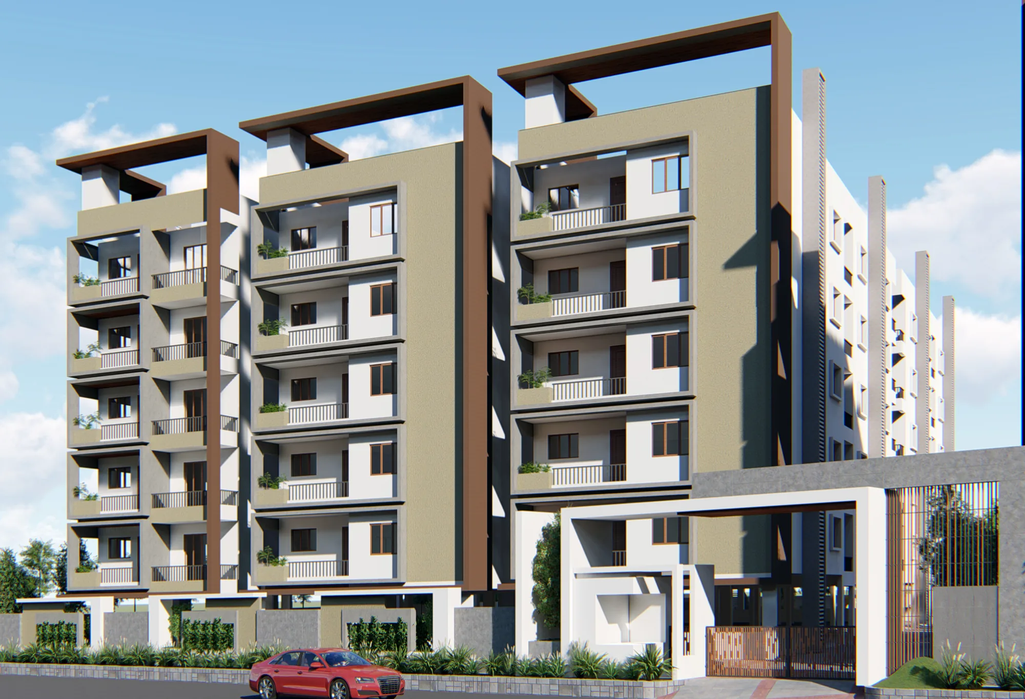 A residential elevation in olive and white with deep projecting window frames