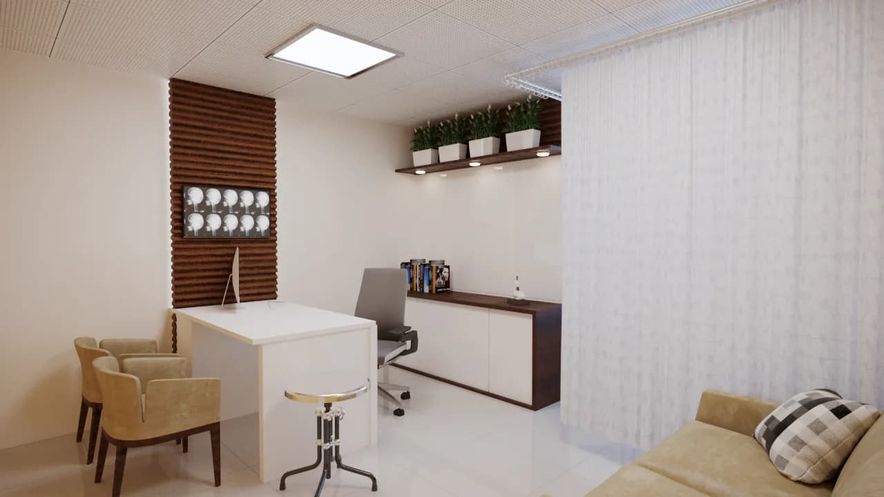A doctor consulting desk in white and walnut below a shelf of planting