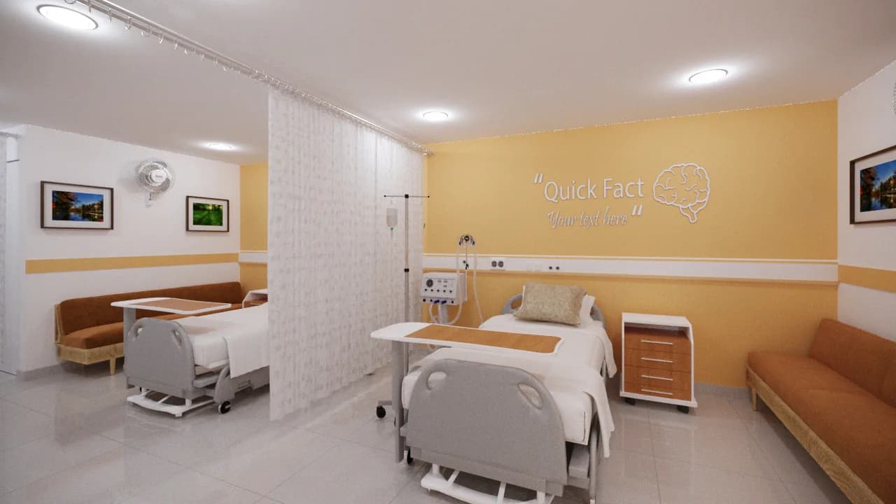 A patient bed against an ochre wall with a timber bedside unit and a curtained bay behind