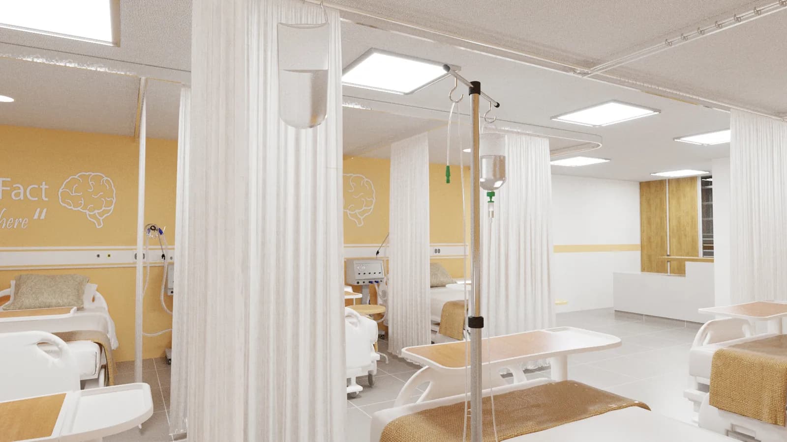 Ward bays divided by curtains, each with a bed and side table