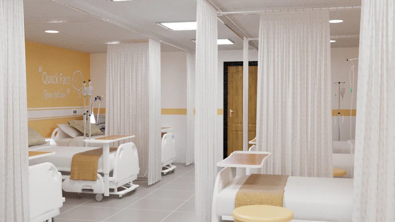 A ward with a yellow band running along the wall behind the beds